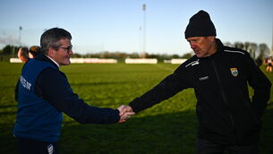 <p>PUT IT THERE: Limerick manager Jimmy Lee and Kerry manager Jack O'Connor shake hands after the McGrath Cup Group A match in Rathkeale. Picture: Harry Murphy/Sportsfile</p>