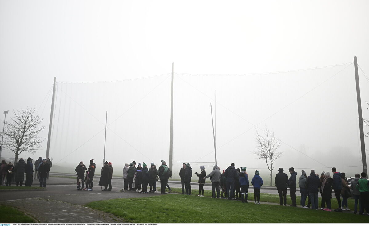 7 January 2024; Supporters queue at the gate awaiting the result of a pitch inspection before the Co-Op Superstores Munster Hurling League Group A match between Cork and Limerick at Mallow GAA Complex in Mallow, Cork. Photo by Eóin Noonan/Sportsfile