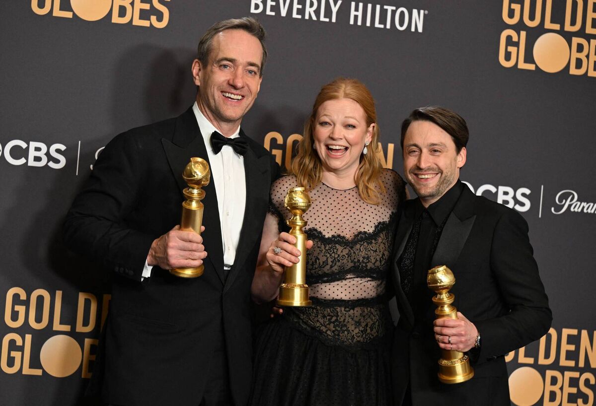 Success for Succession: Matthew Macfayden poses with the Golden Globe for Best Performance by a Male Actor in a Supporting Role on Television for Succession, Sarah Snook with the award for Best Performance by a Female Actor in a Television Series - Drama; and Kieran Culkin with the award for Best Performance by a Male Actor in a Television Series - Drama in the press room during the 81st annual Golden Globe Awards at The Beverly Hilton hotel. (Photo by Robyn BECK / AFP) Success for Succession: Matthew Macfayden poses with the Golden Globe for Best Performance by a Male Actor in a Supporting Role on Television for Succession, Sarah Snook with the award for Best Performance by a Female Actor in a Television Series - Drama; and Kieran Culkin with the award for Best Performance by a Male Actor in a Television Series - Drama in the press room during the 81st annual Golden Globe Awards at The Beverly Hilton hotel. (Photo by Robyn BECK / AFP)