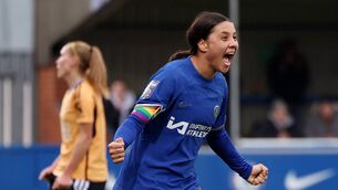 <p>KINGSTON UPON THAMES, ENGLAND - NOVEMBER 26: Sam Kerr of Chelsea celebrates after scoring the team's third goal during the Barclays WomenÂŽs Super League match between Chelsea FC and Leicester City at Kingsmeadow on November 26, 2023 in Kingston upon Thames, England. (Photo by Tom Dulat/Getty Images)</p>
