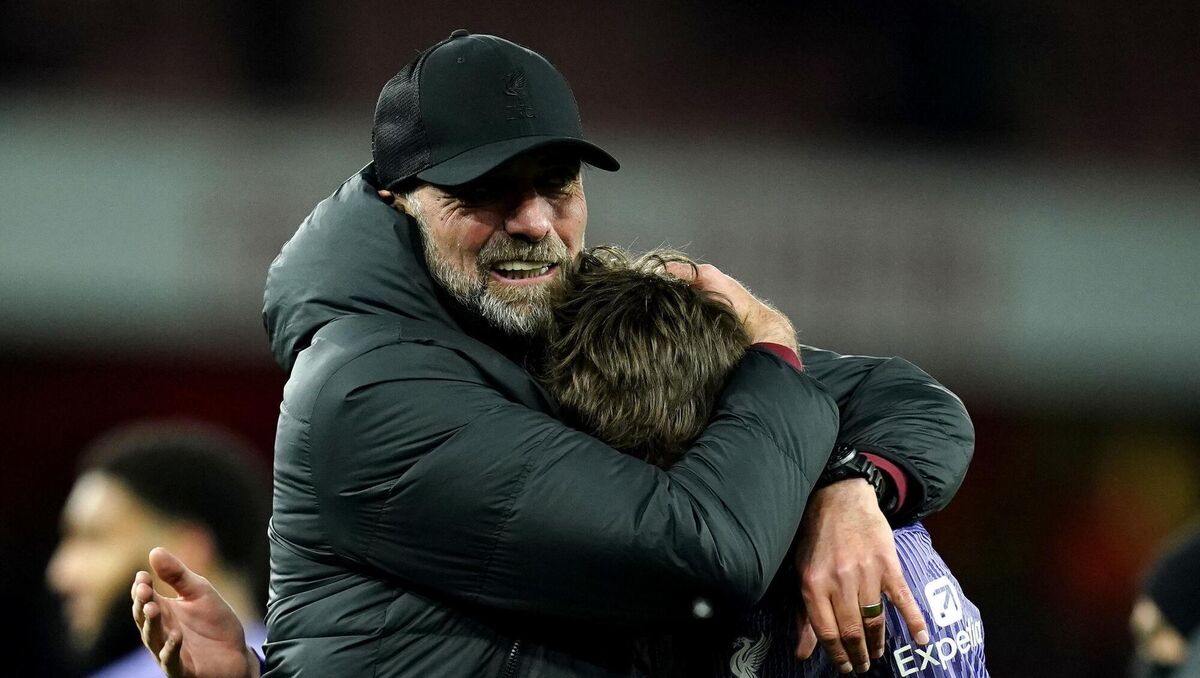 Liverpool manager Jurgen Klopp and Conor Bradley celebrate. Photo credit: Andrew Matthews/PA Wire.