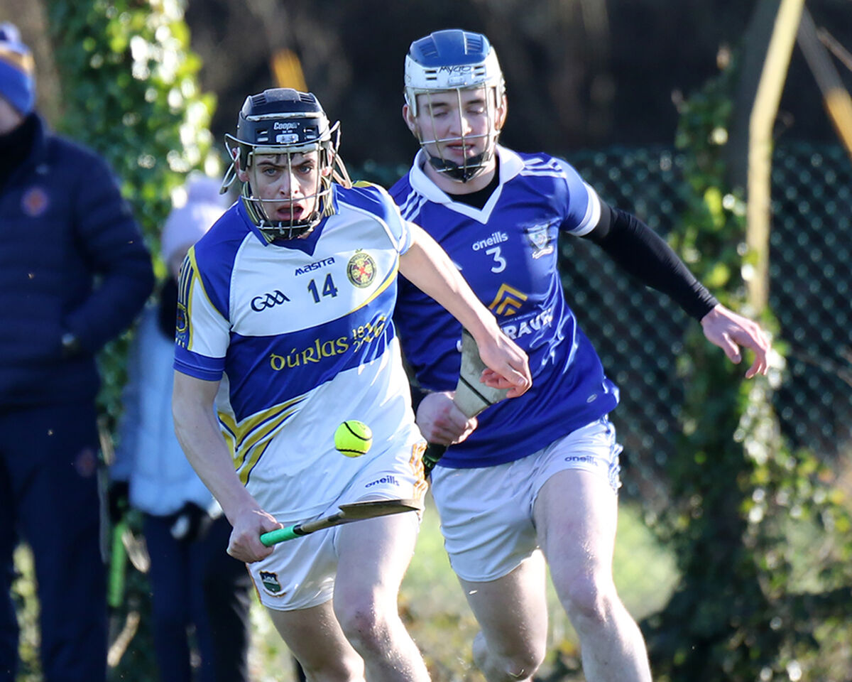 Jack Hayes, Thurles CBS, controlling the Sliotar against Fiachra O'Brain, St Flannan's College in the Quarter Finals of the Harty Cup in Meelick Jack Hayes, Thurles CBS, controlling the Sliotar against Fiachra O'Brain, St Flannan's College in the Quarter Finals of the Harty Cup in Meelick