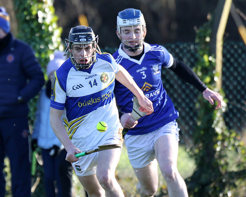 Jack Hayes, Thurles CBS, controlling the Sliotar against Fiachra O'Brain, St Flannan's College in the Quarter Finals of the Harty Cup in Meelick