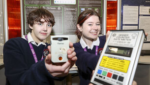 <p>Heidi Devoy and Emma Killian from Our Lady’s School Terenure with their project for the science exhibition 'Is Ireland Radioactive?'. Picture: Fennell Photography </p>