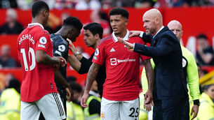 <p>Manchester United manager Erik ten Hag (right) refused to comment on Jadon Sancho’s Old Trafford future (Martin Rickett/PA)</p>