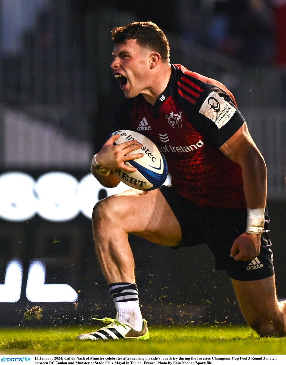 WING THREAT: Calvin Nash of Munster celebrates after scoring his side's fourth try. Pic: Eóin Noonan, Sportsfile