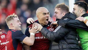 <p>PASSION: Munster's Simon Zebo celebrates scoring a try with teammates. Pic: Laszlo Geczo, Inpho</p>
