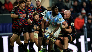 <p>Vodacom Bulls' Mpilo Gumede and Bristol Bears Kieran Marmion and Josh Caulfield. Pic: Billy Stickland, Inpho</p>