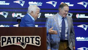 <p>EXIT STAGE RIGHT: New England Patriots team owner Robert Kraft, left, and former Patriots head coach Bill Belichick. (AP Photo/Steven Senne)</p>
