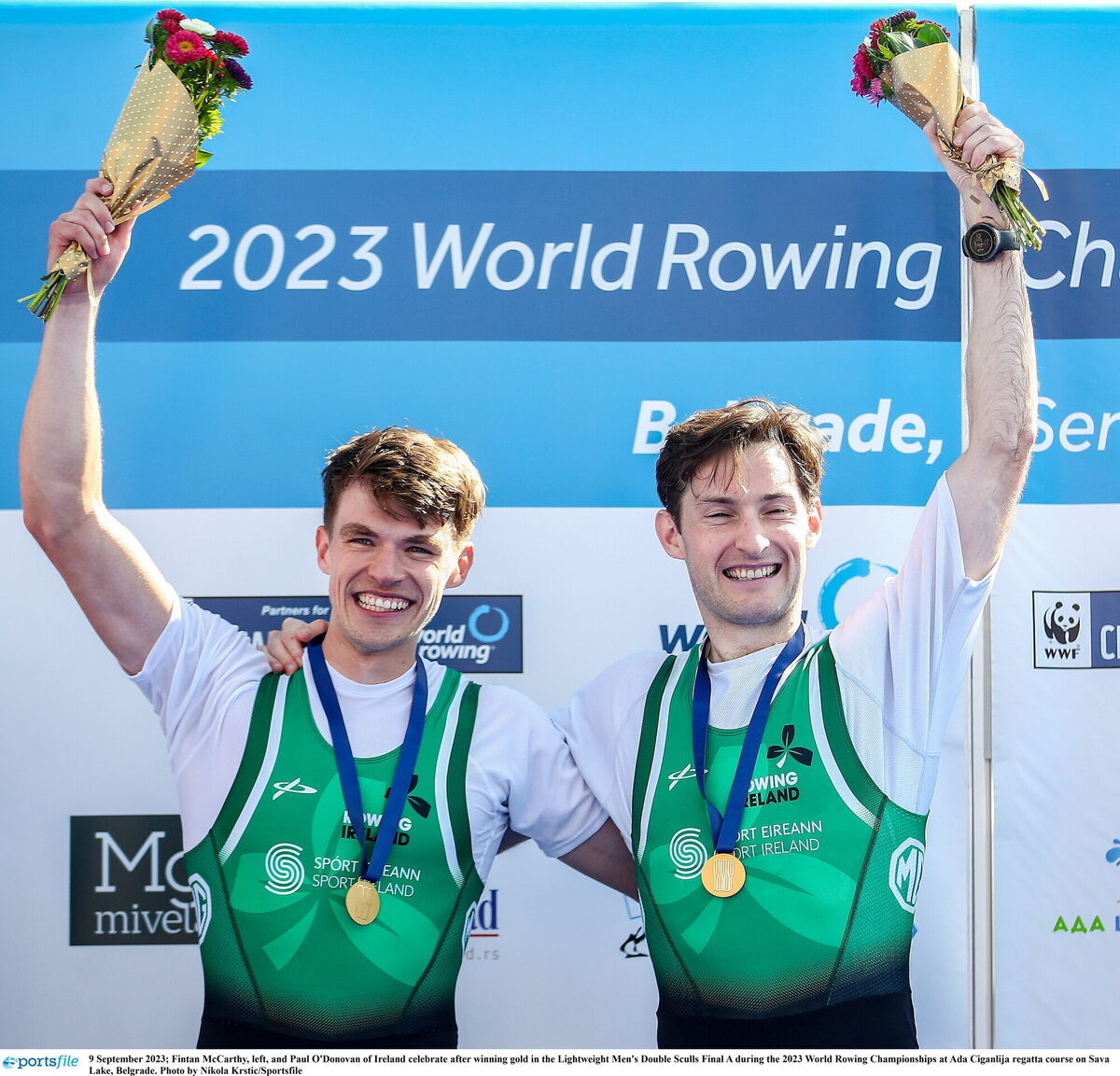 PROVEN WINNERS: Fintan McCarthy, left, and Paul O'Donovan of Ireland celebrate after winning gold in the Lightweight Men's Double Sculls Final A during the 2023 World Rowing Championships. Pic: Nikola Krstic, Sportsfile