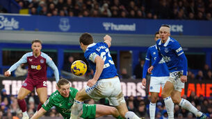 <p>STALEMATE: Aston Villa’s Matty Cash has a shot saved by Everton goalkeeper Jordan Pickford.</p>
