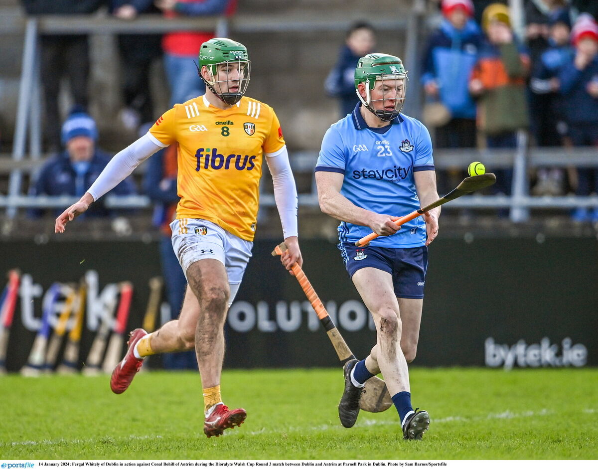 Fergal Whitely of Dublin in action against Conal Bohill of Antrim during the Dioralyte Walsh Cup Round 3 match between Dublin and Antrim at Parnell Park in Dublin. Photo by Sam Barnes/Sportsfile Fergal Whitely of Dublin in action against Conal Bohill of Antrim during the Dioralyte Walsh Cup Round 3 match between Dublin and Antrim at Parnell Park in Dublin. Photo by Sam Barnes/Sportsfile