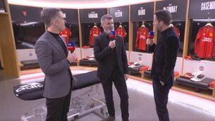 <p>STORYTIME: Roy Keane alongside Sky Sports' colleagues Dave Jones and Jamie Redknapp. Pic: Sky Sportss Premier League/X</p>