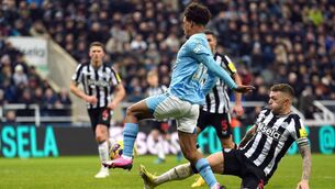 <p>Manchester City's Oscar Bobb scores his first goal for the club in the 91st minute at St James Park.</p>