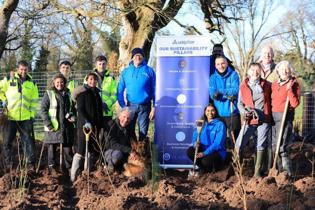 The 100 Million Trees Project at Glenstal Abbey. Volunteers planting the trees include Louise Hederman, Pru Rudd, Olga Fitzpatrick and Uniphar volunteers Keristena Grewan, David Culligan and Alan Malone, the team from Irish Forestry Services and Maisie the dog. Picture: Bailey &amp; Blake