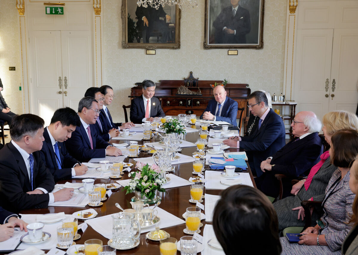 President Higgins and Premier Li Qiang at their meeting in Áras an Uachtaráin. Picture: Maxwells