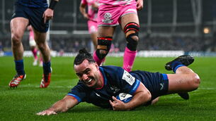 <p>SMILING RETURNEE: James Lowe of Leinster dives over to score his side's first try during the Investec Champions Cup Pool 4 Round 3 match between against Stade Francais. Pic: Harry Murphy, Sportsfile</p>