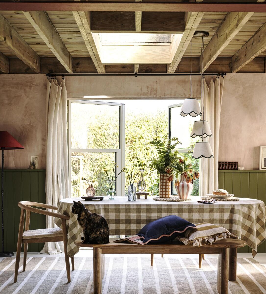 M&amp;S X Fired Earth Blenheim table, €1199, M&amp;S X Fired Earth bench, €399. 