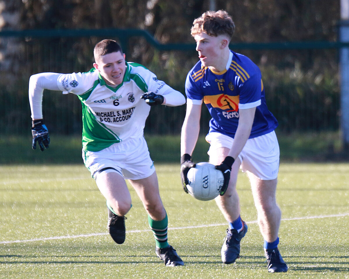 Ronan Carroll, Tralee CBS , controlling the ball against Michael Bowers, Abbey School CBS in the Corn Ui Mhuiri Quarter finals in UL