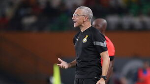 <p>Ghana manager Chris Hughton during the TotalEnergies CAF Africa Cup of Nations match between Ghana and Cape Verde at Stade Félix-Houphouët-Boigny, Abidjan, Côte d'Ivoire. Pic: Sergio Bisi, Sportsfile</p>