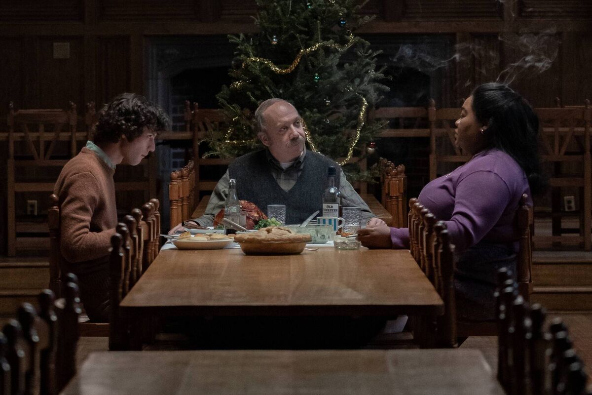 Dominic Sessa stars as Angus Tully, Paul Giamatti as Paul Hunham and Da’Vine Joy Randolph as Mary Lamb in director Alexander Payne’s The Holdovers. 