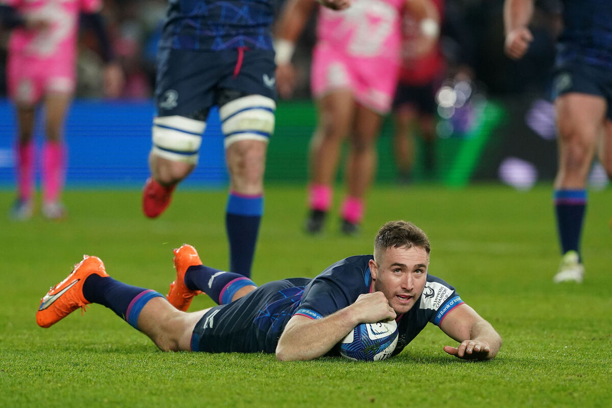 Leinster's Jordan Larmour scores their sides seventh try. Photo credit: Brian Lawless/PA Wire.