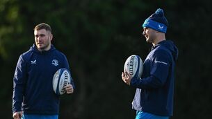 <p>PURRING: Jordan Larmour and James Lowe during a Leinster Rugby squad training session at UCD in Dublin. Photo by Harry Murphy/Sportsfile.</p>