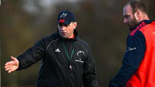 <p>Defence coach Denis Leamy, left, with Oli Jager at University of Limerick this week. Picture: Brendan Moran/Sportsfile</p>