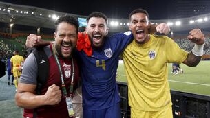 <p>14 January 2024; Roberto Lopes, centre, and Vozinha, right, of Cape Verde celebrate after the TotalEnergies CAF Africa Cup of Nations match between Ghana and Cape Verde at Stade Félix-Houphouët-Boigny, Abidjan, Côte d'Ivoire. Photo by Sergio Bisi/Sportsfile</p>