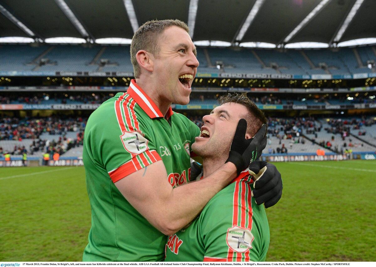 17 March 2013; Frankie Dolan, St Brigid's, left, and team-mate Ian Kilbride celebrate at the final whistle. AIB GAA Football All-Ireland Senior Club Championship Final, Ballymun Kickhams, Dublin, v St Brigid's, Roscommon. Croke Park, Dublin. Picture credit: Stephen McCarthy / SPORTSFILE