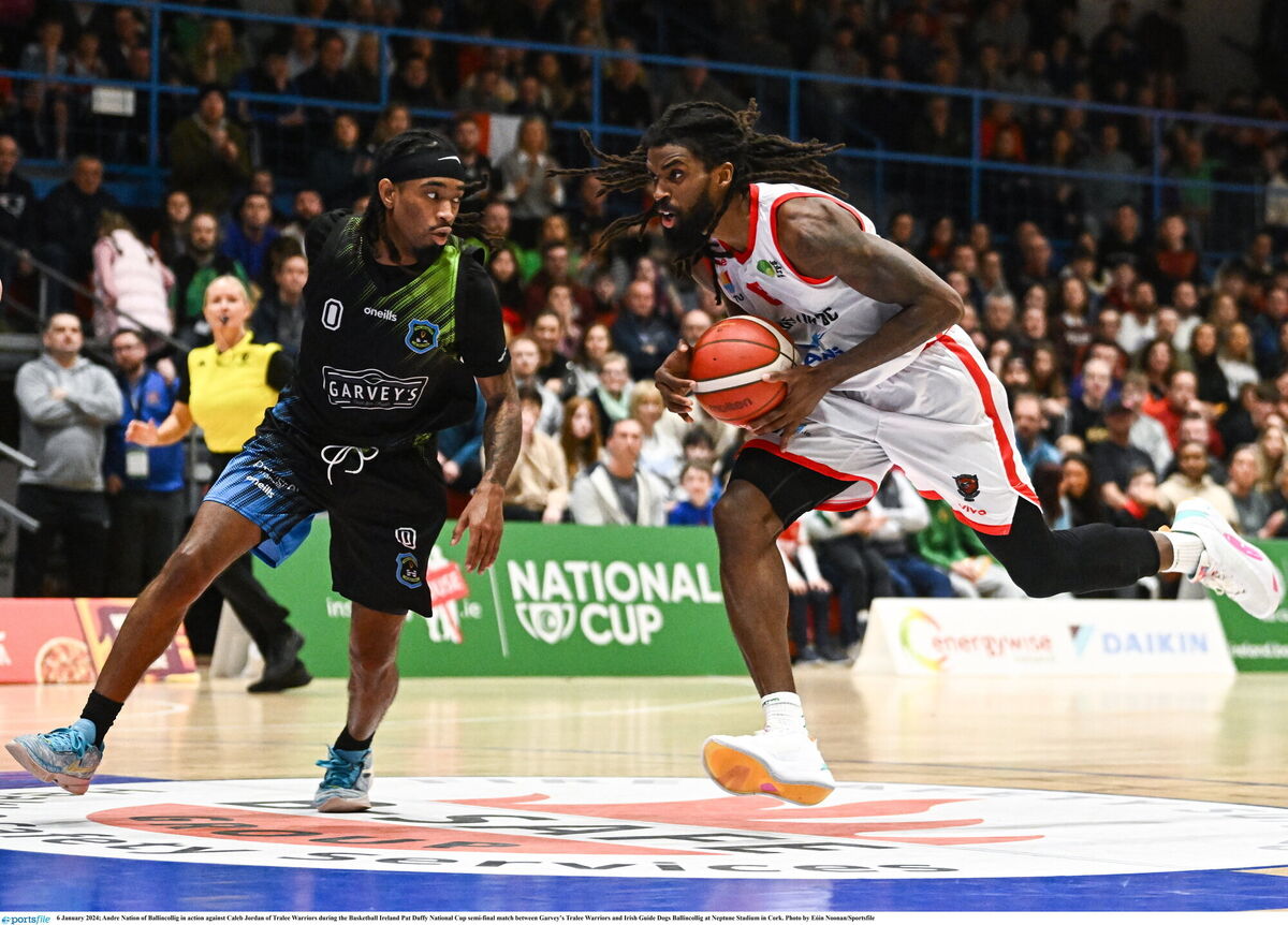 Andre Nation of Ballincollig in action against Caleb Jordan of Tralee Warriors. Andre Nation of Ballincollig in action against Caleb Jordan of Tralee Warriors.