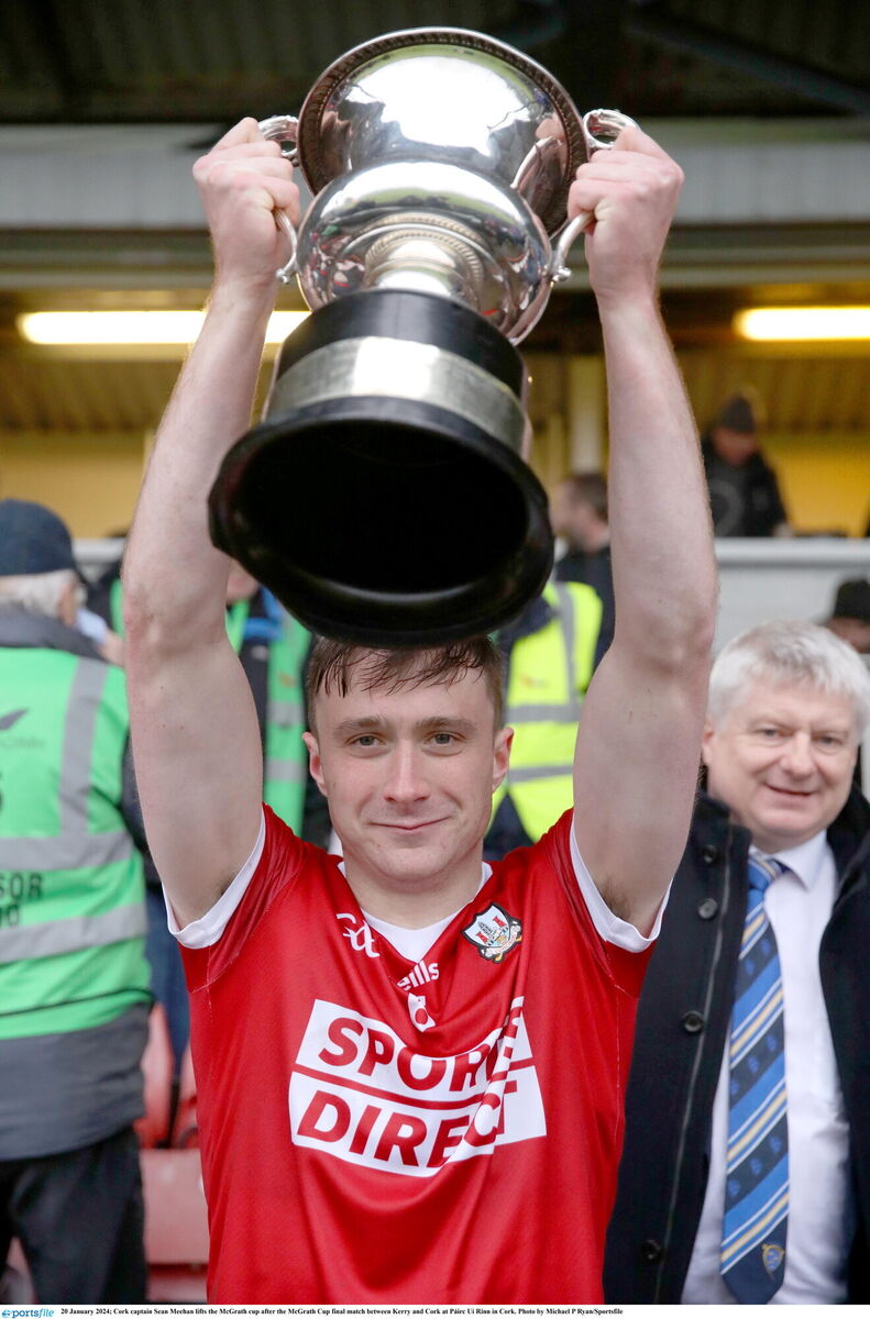Cork captain Sean Meehan lifts the McGrath cup after the McGrath Cup final match between Kerry and Cork at Páirc Ui Rinn in Cork. Photo by Michael P Ryan/Sportsfile
