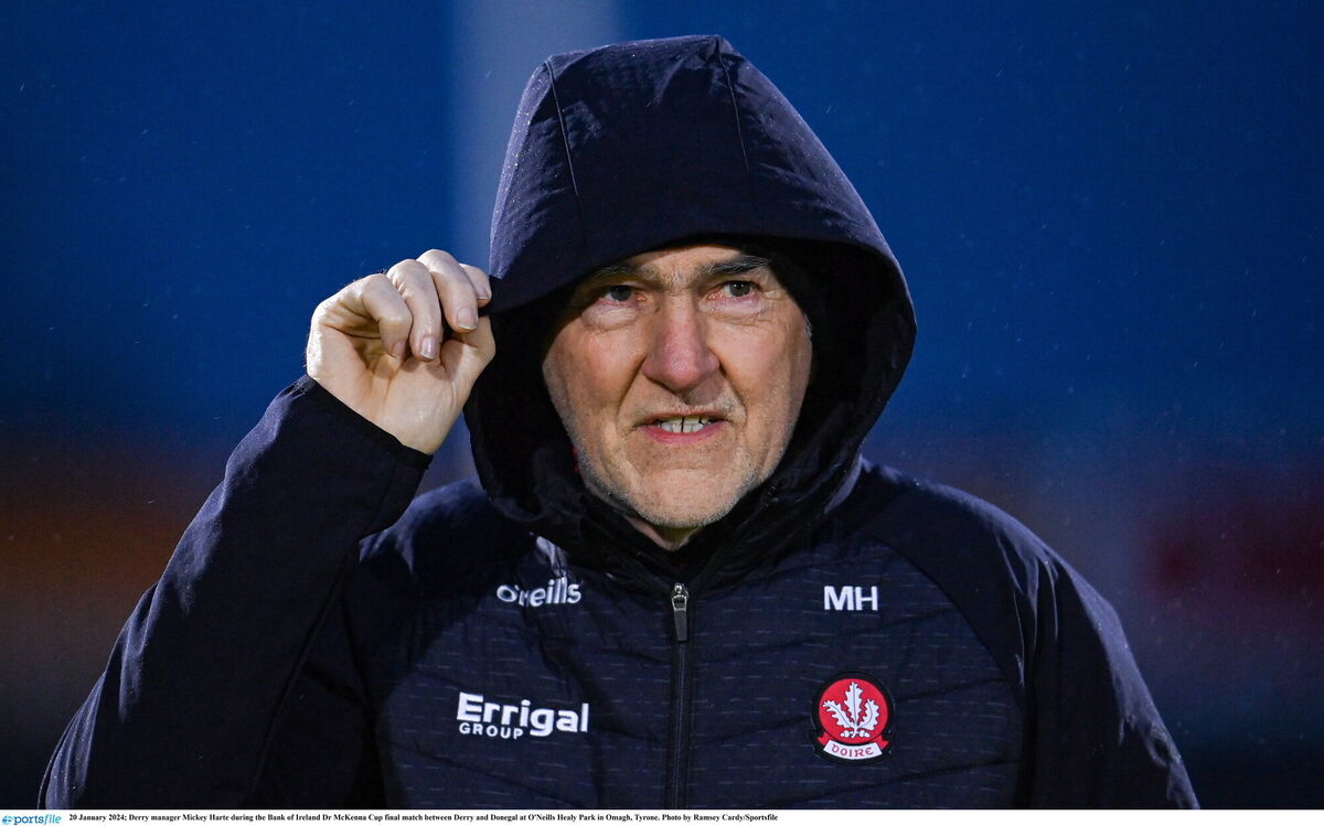 Derry manager Mickey Harte during the Bank of Ireland Dr McKenna Cup final match between Derry and Donegal at O'Neills Healy Park in Omagh, Tyrone. Photo by Ramsey Cardy/Sportsfile