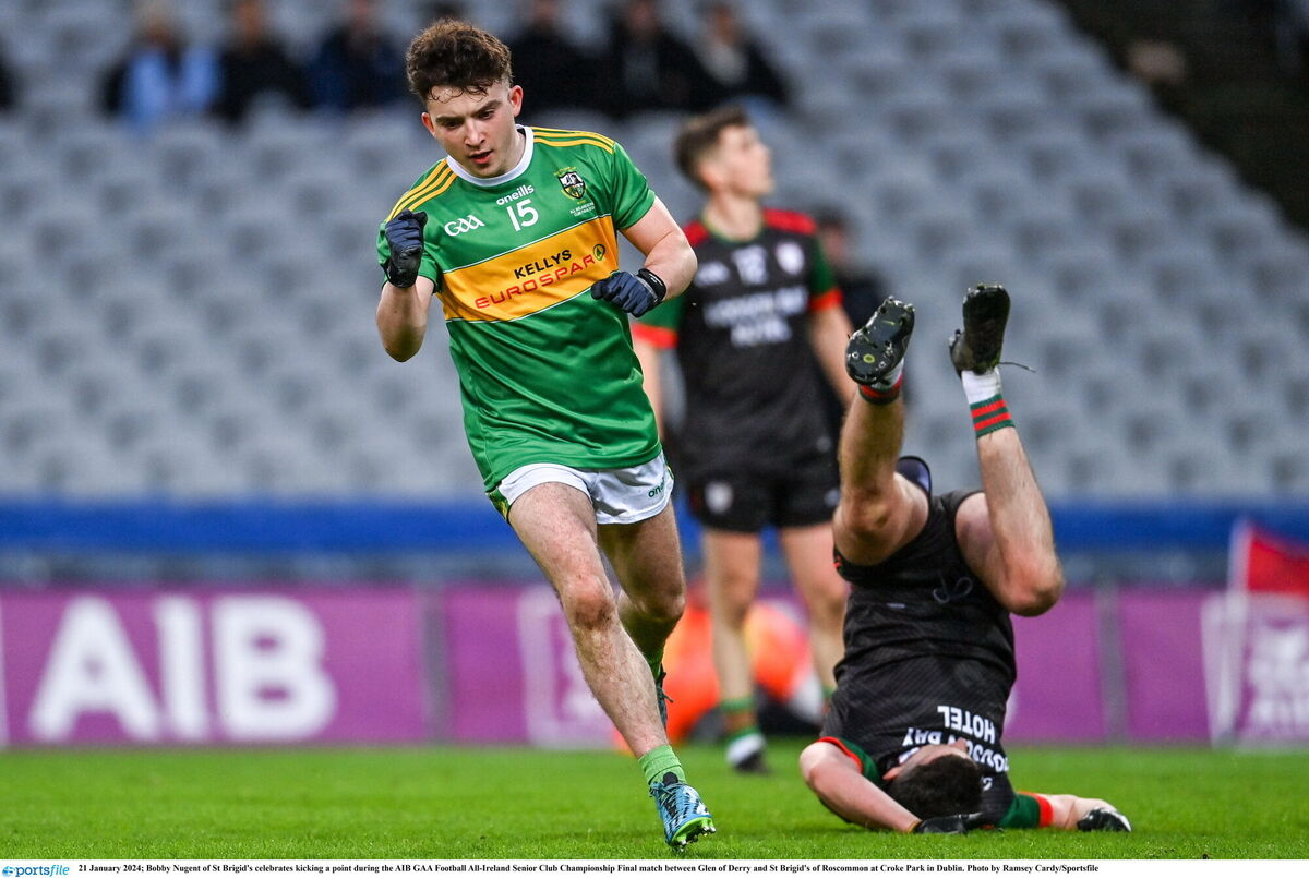 Bobby Nugent of St Brigid's celebrates kicking a point during the AIB GAA Football All-Ireland Senior Club Championship Final match between Glen of Derry and St Brigid's of Roscommon at Croke Park in Dublin. Photo by Ramsey Cardy/Sportsfile