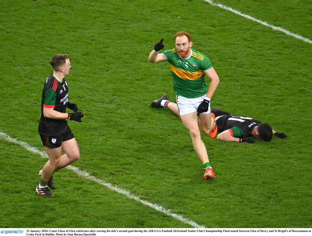 Conor Glass of Glen celebrates after scoring his side's second goal during the AIB GAA Football All-Ireland Senior Club Championship Final match between Glen of Derry and St Brigid's of Roscommon at Croke Park in Dublin. Photo by Sam Barnes/Sportsfile
