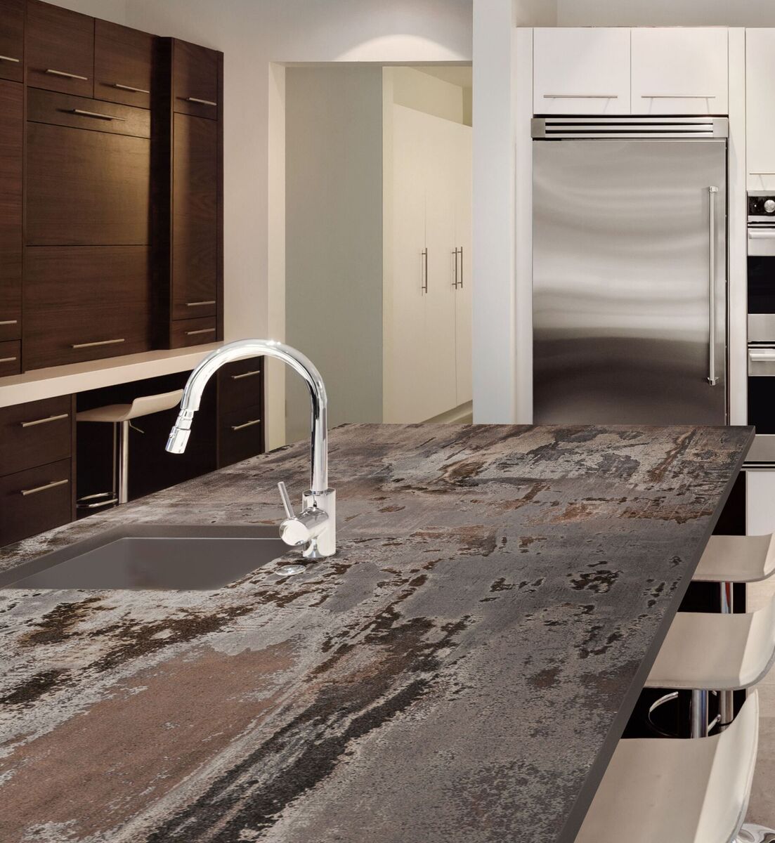 Dekton Trilium sintered stone worktop, a form of composite stone including porcelain, quartz and glass that is close to indestructible under normal conditions; from €550 per square metre.