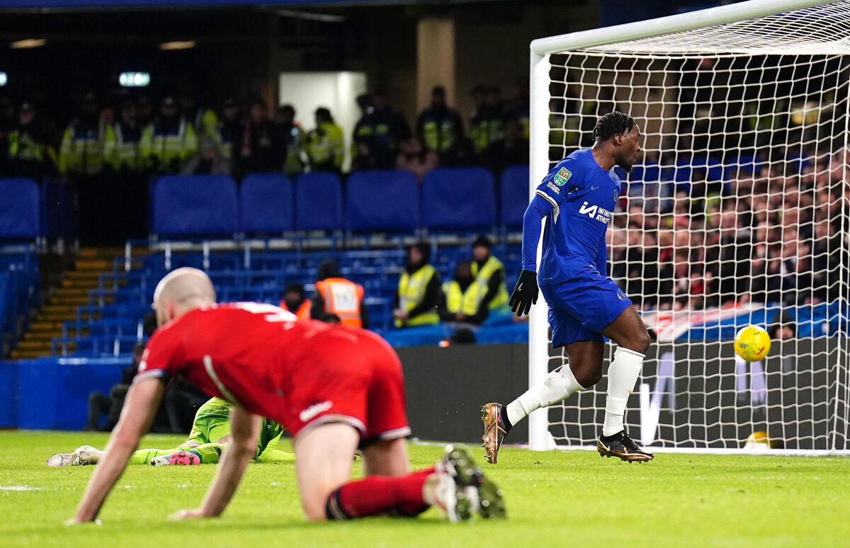Chelsea's Axel Disasi scores their side's third goal of the game. Photo credit: Zac Goodwin/PA Wire.