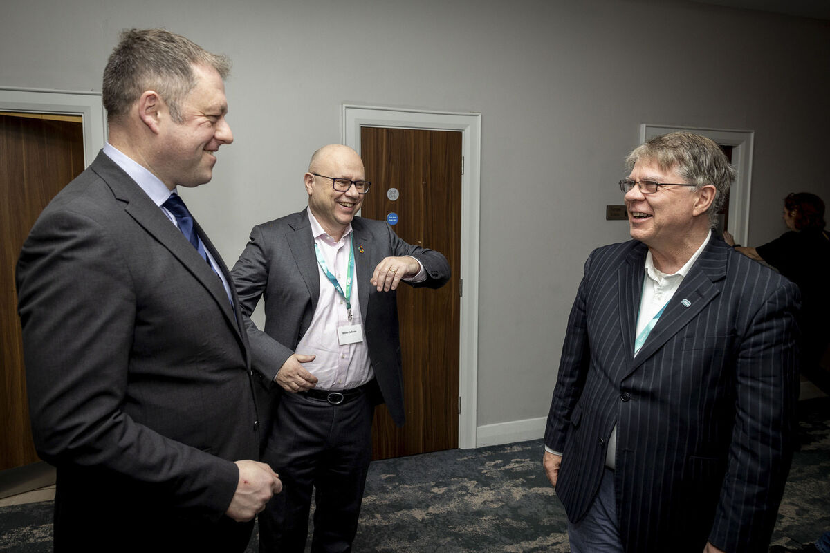 Minister of State Thomas Byrne chatting with Fórsa general secretary Kevin Callinan and Fórsa president Michael Smyth at the  healthcare conference in Dundalk. Picture: Conor Healy/Picture It