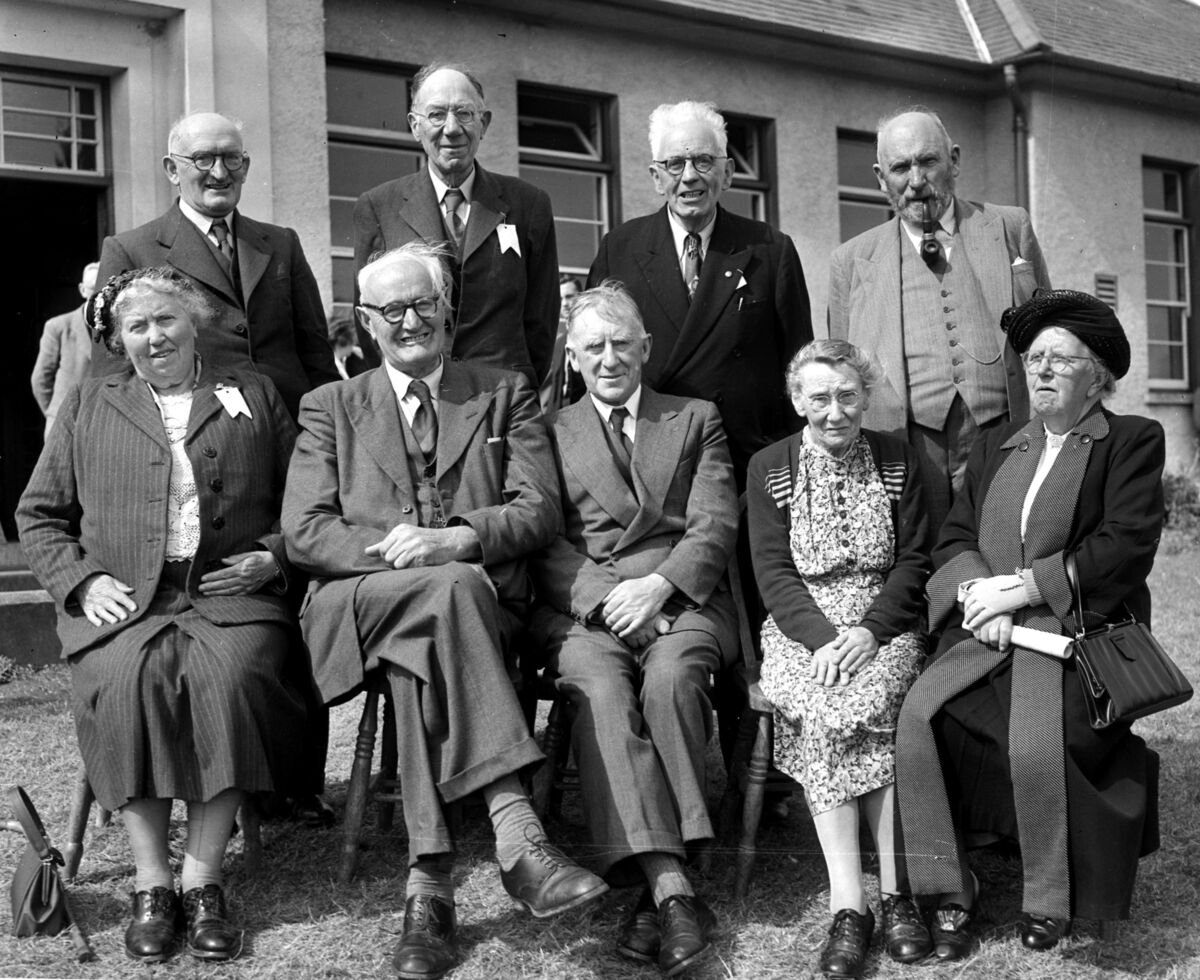 An Irish Examiner Archive photo from August 1954 of notable past pupils who attended Coláiste Na Mumhan's first courses in 1904 — Máire Ní Cuill; then education minister Richard Mulcahy;  Eibhlín Ni Croinín; Treasa Bean Ní Suilleabháin; A Ó Tuama; Liam De Róiste; Seán Ó Cuill; and Prof Cormac Ó Cadhlaig.
