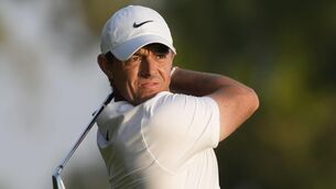 <p>Rory McIlroy plays his second shot on 18th hole during the final round of the Hero Dubai Desert Classic golf tournament, in Dubai, United Arab Emirates, Sunday, Jan. 21, 2024. (AP Photo/Kamran Jebreili)</p>