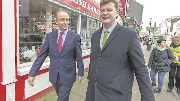 Party leader and candidate kept up a quick pace in the Cork East constituency town.