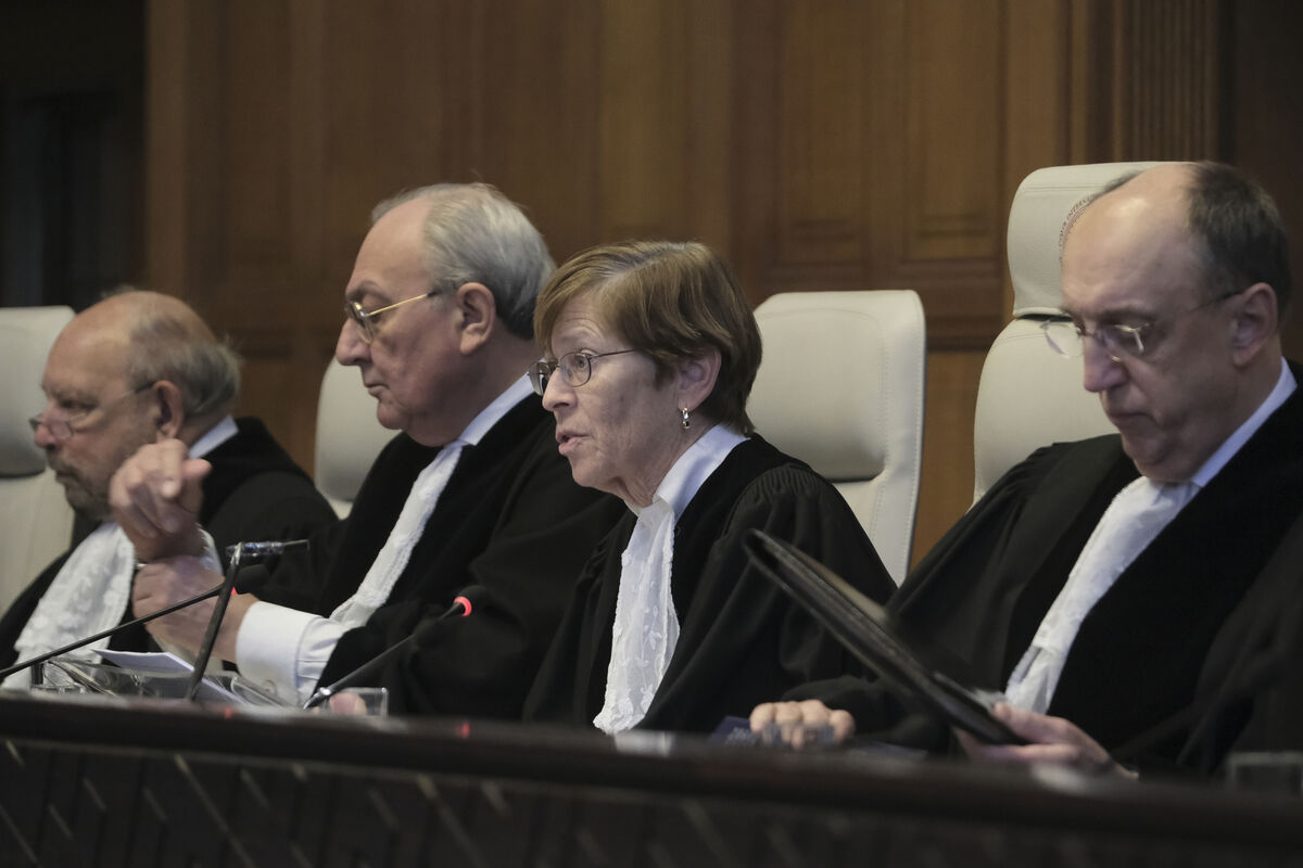 Presiding judge Joan Donoghue, centre, speaks during session at the International Court of Justice, or World Court, in The Hague, Netherlands, Friday, January 26, 2024.