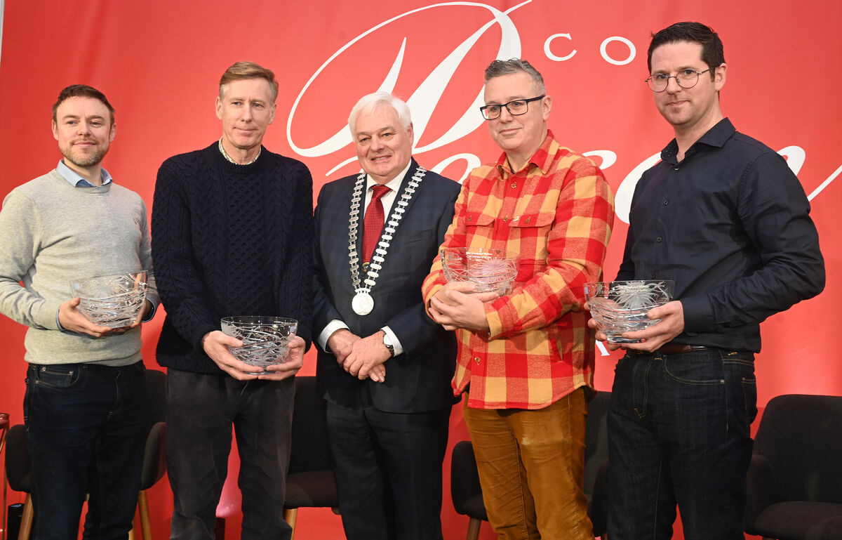  The Frank and Walters are the Cork Persons of the Year 2023 with Mayor of the County of Cork Frank O'Flynn at the Metropole Hotel.