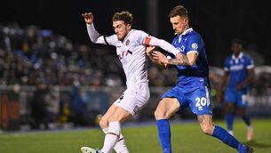 <p>GIANT-KILLER? Newport County's Ryan Delaney (L) fights for the ball with Eastleigh's Scott Quigley. Pic: GLYN KIRK, AFP, Getty Images</p>