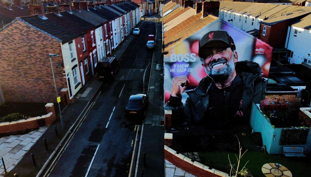 A mural paying tribute to Liverpool manager Jurgen Klopp, Randolph Street, near Anfield. Pic: Peter Byrne/PA Wire.