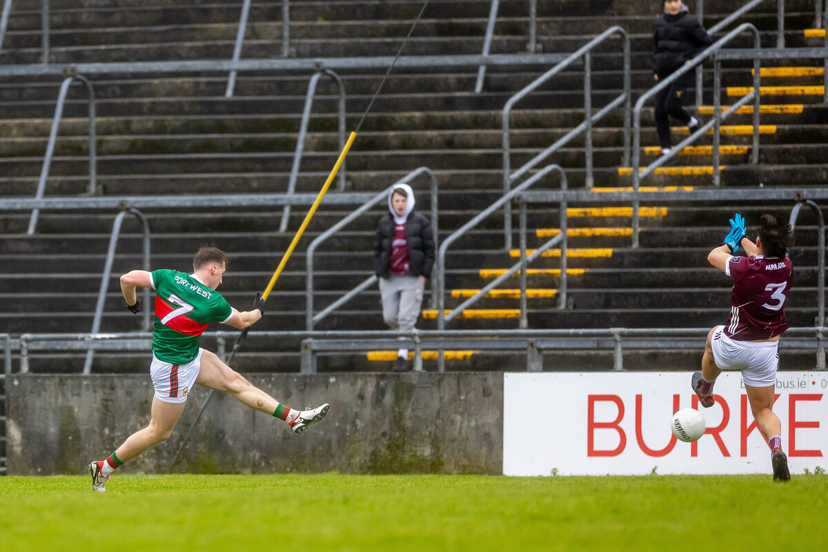 Eoghan McLaughlin of Mayo scores a goal 