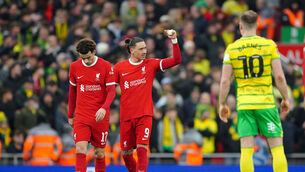 <p>Liverpool's Darwin Nunez celebrates scoring their side's second goal of the game during the Emirates FA Cup fourth-round match at Anfield. Pic: Peter Byrne/PA Wire.</p>