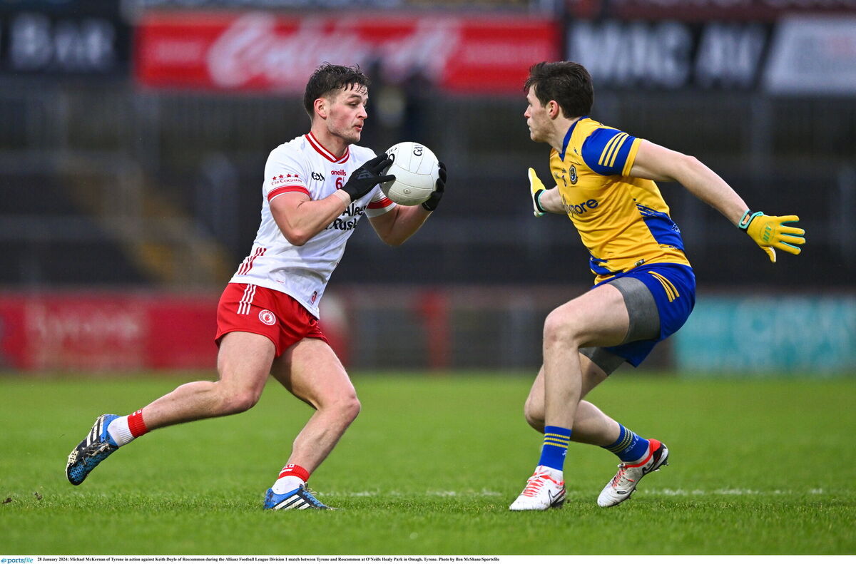 Michael McKernan of Tyrone in action against Keith Doyle of Roscommon during the Allianz Football League Division 1 match between Tyrone and Roscommon at O’Neills Healy Park in Omagh, Tyrone. Photo by Ben McShane/Sportsfile