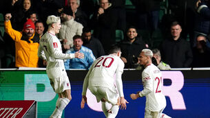 Antony (right) celebrates scoring Manchester United’s third goal in their FA Cup win at Newport (Nick Potts/PA)