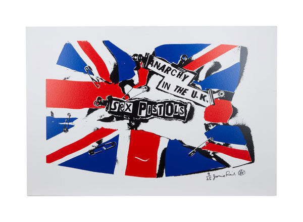 Jamie Reid-signed 'Sex Pistols Anarchy in the UK' print at Julien's. Jamie Reid-signed 'Sex Pistols Anarchy in the UK' print at Julien's.